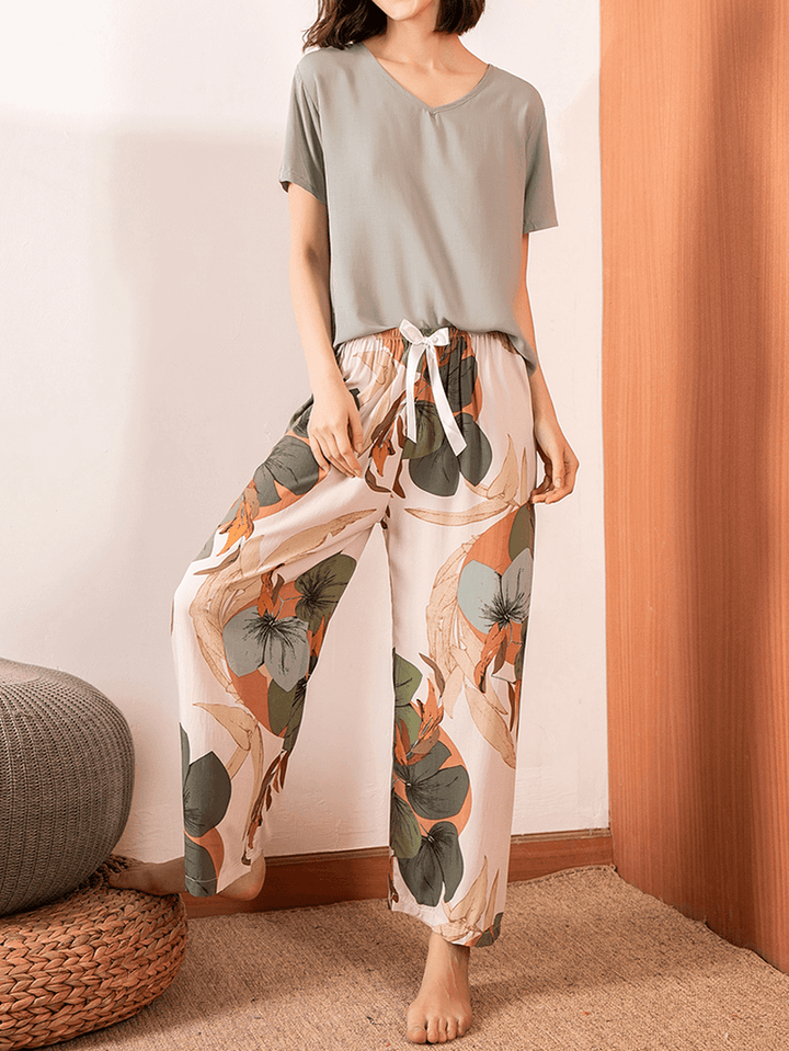 Women V-Neck Tops Tropical Plant Print Wide Leg Pants Casual Pajama Set - MRSLM