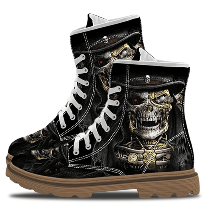 Men Leather Halloween Soft Sole Funny Skull Printing Lace up Casual Martin Ankle Boots - MRSLM