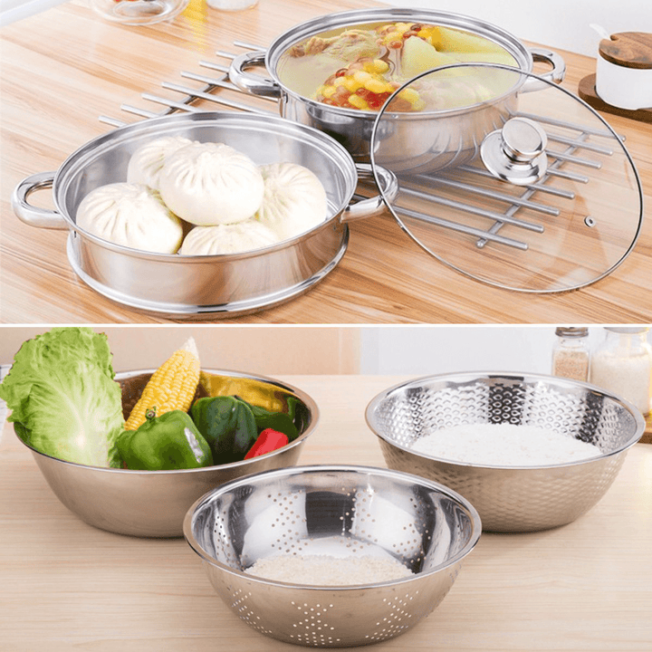 6Pcs/Set Stainless Steel Outdoor Cookware Combination Pot Anti-Corrosion Lightweight Steamer Fruit Basin for Camping Hiking Household - MRSLM