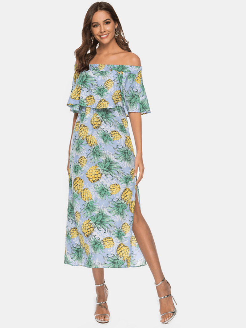 Women off Shoulder Floral Print Split Causal Midi Dress - MRSLM