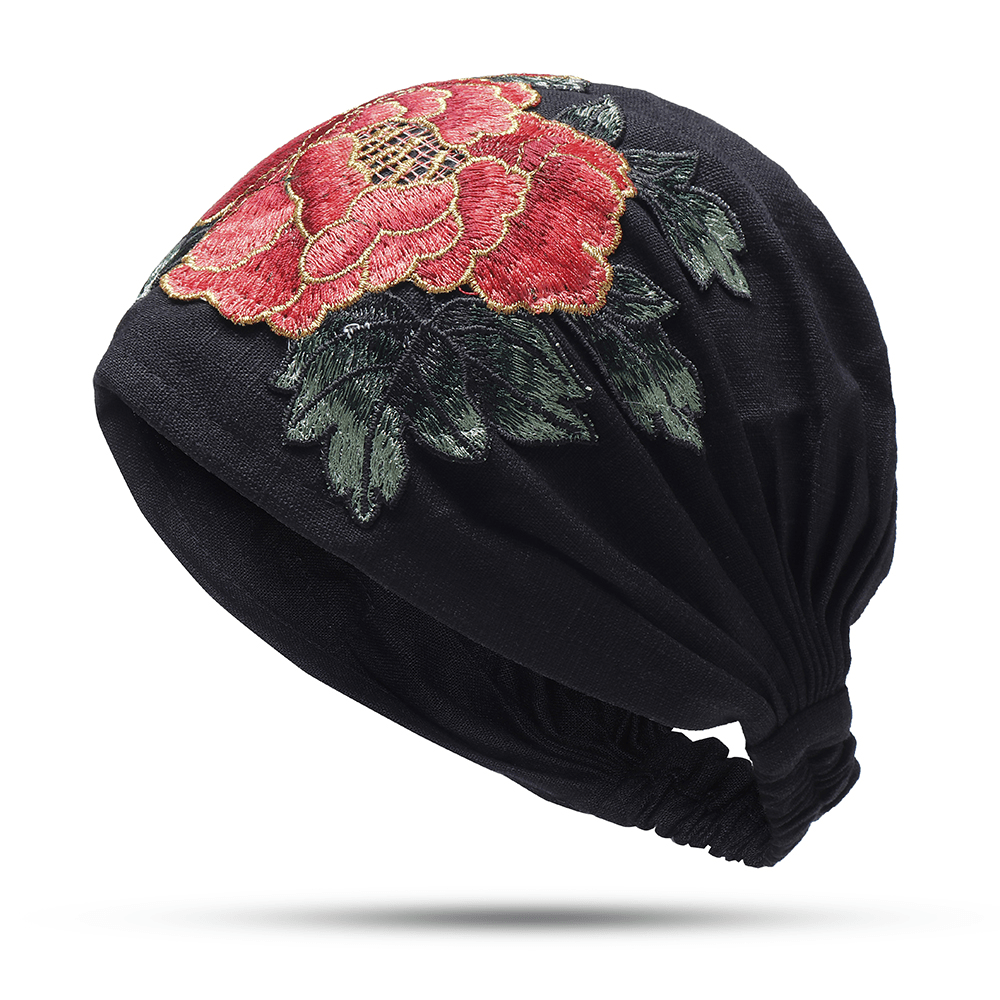 Women Vintage Floral Embroidered Beanie Caps Outdoor Good Elastic Turban Hat - MRSLM