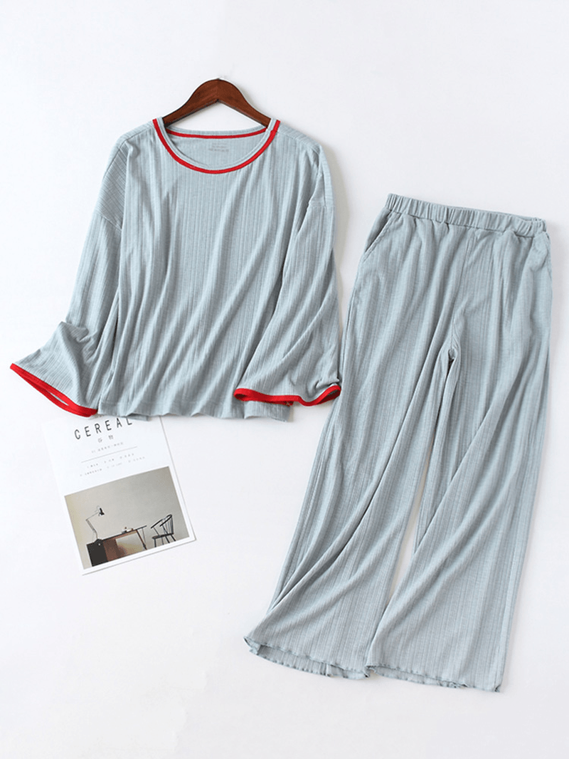 Plus Size Long Sleeve Loungewear Casual 2-Piece Textured Cotton Pajama Set - MRSLM