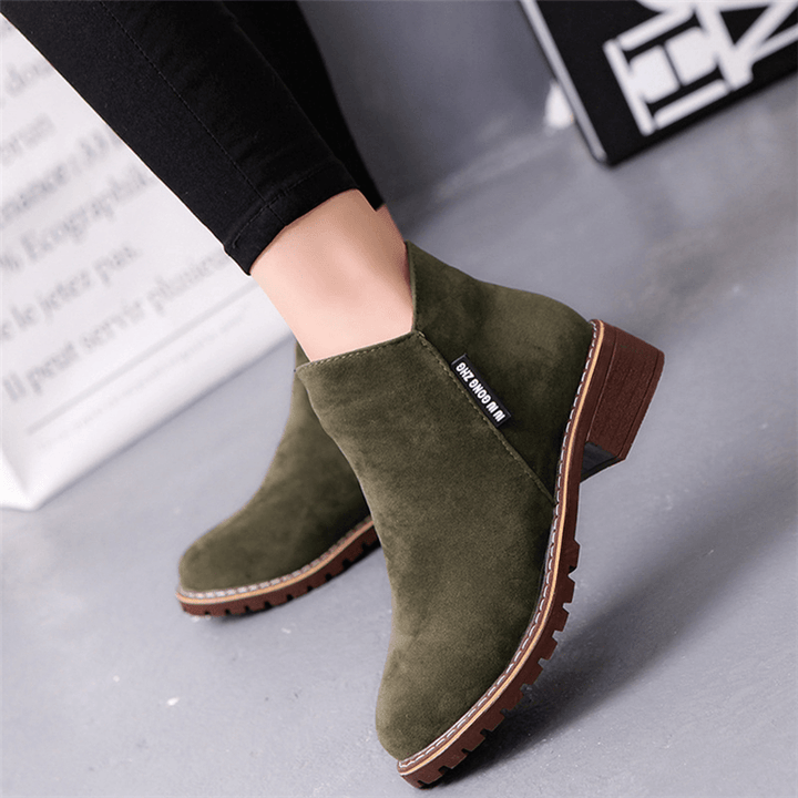 Women'S Suede Solid Color Block Heel Casual Ankle Boots - MRSLM