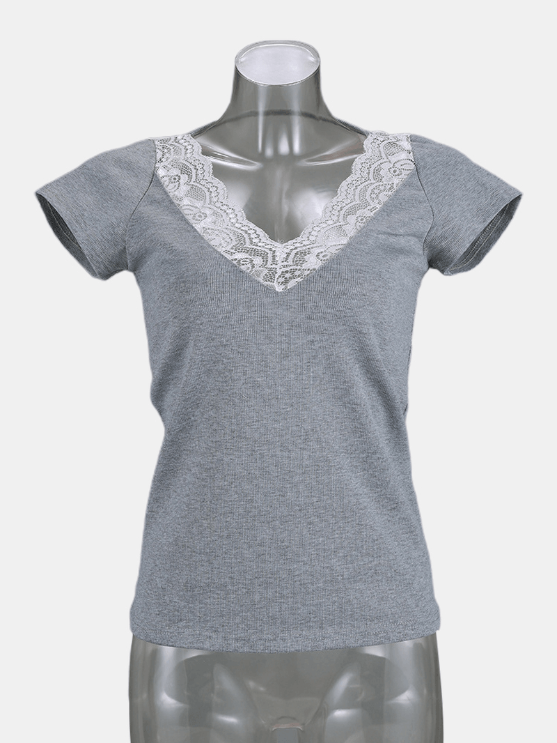 Lace Patchwork V-Neck Short Sleeve T-Shirts for Women - MRSLM