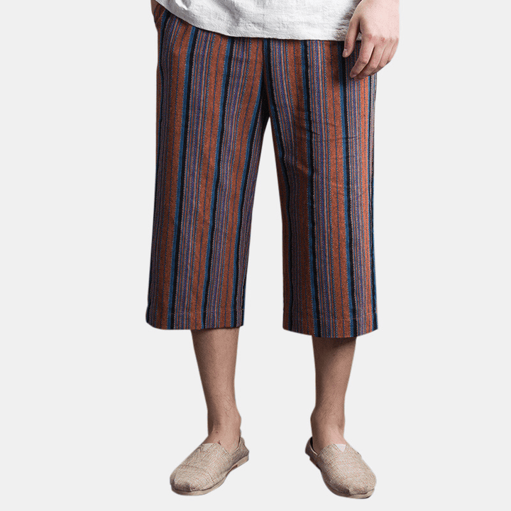 Mens Summer Striped Printed Cotton Loose Drawstring Casual Pants - MRSLM