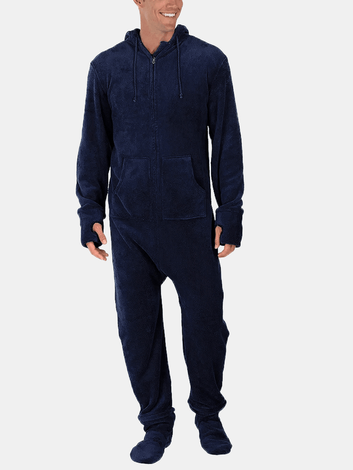 Men Flannel Thick Plain Onesies Loungewear Thermal Thumb Holes Hooded Jumpsuit Pajamas with Socks Sleepwear - MRSLM