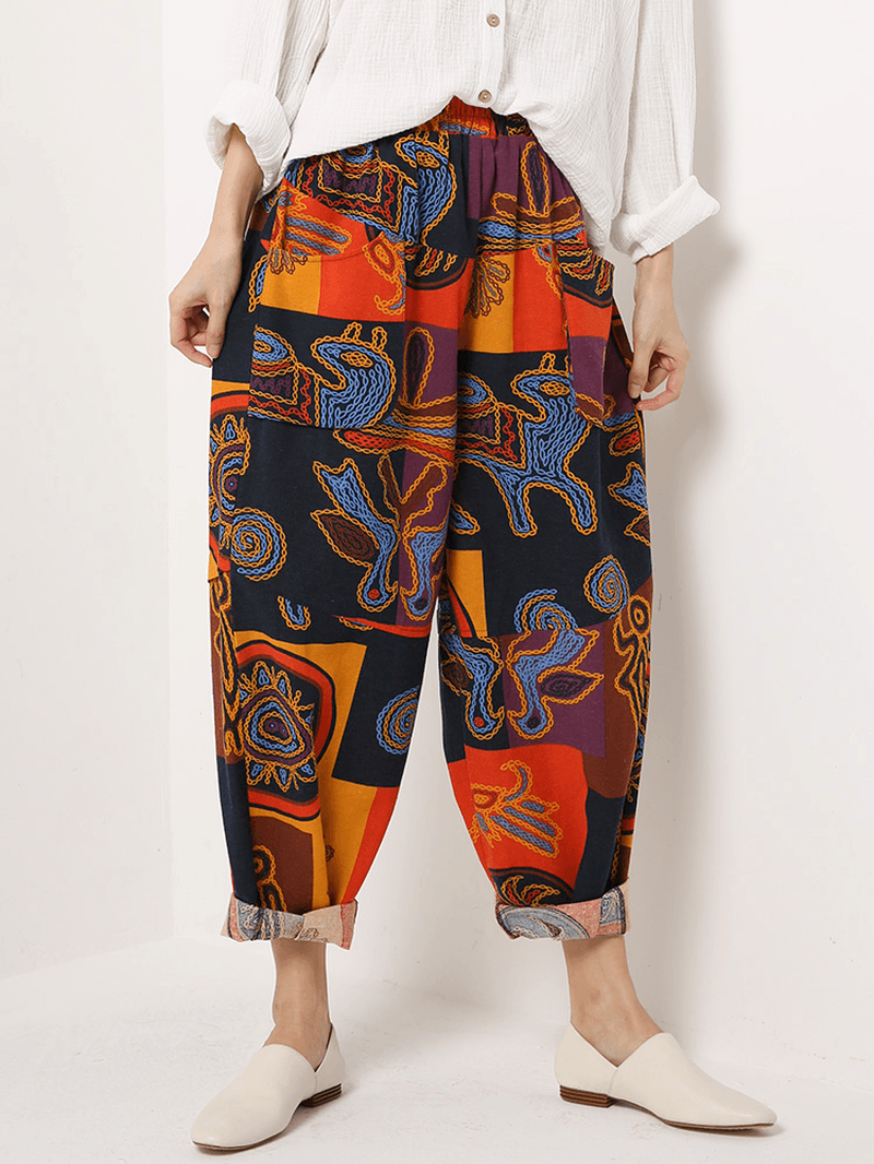 Ethnic Women Floral Print Elastic Waist Pockets Pants - MRSLM