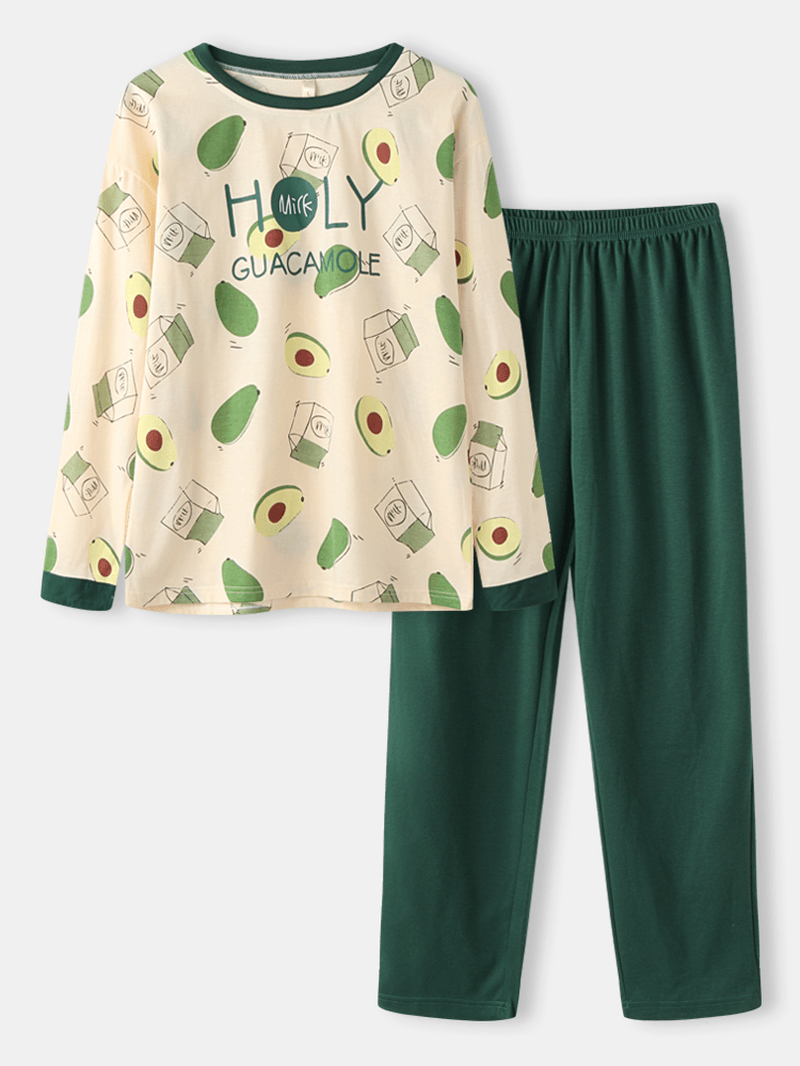 Women Cute Avocado Print O-Neck Cotton Long Sleeve Loose Two-Piece Lounge Home Pajamas Sets - MRSLM
