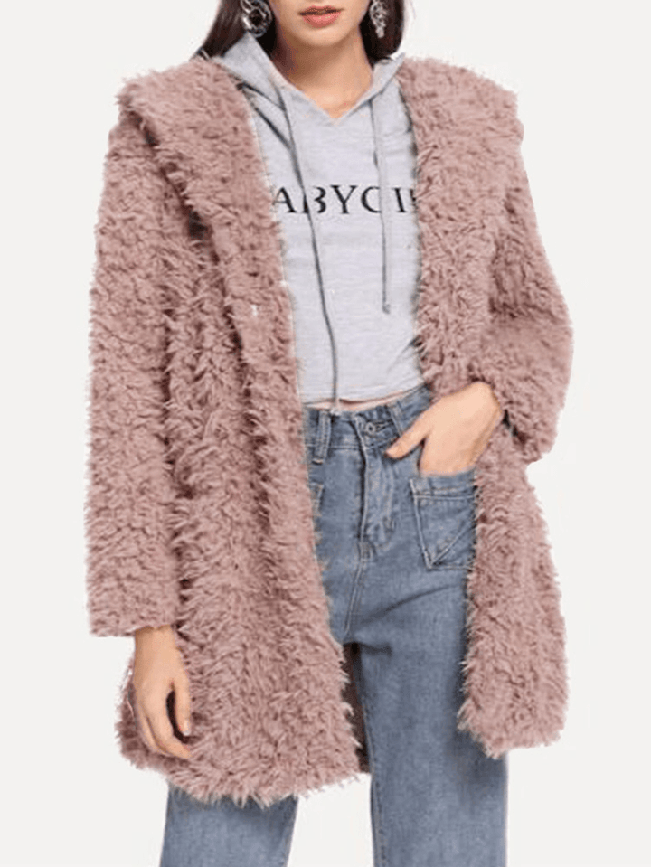 Women Solid Color Fleece Long Sleeve Hooded Coats - MRSLM