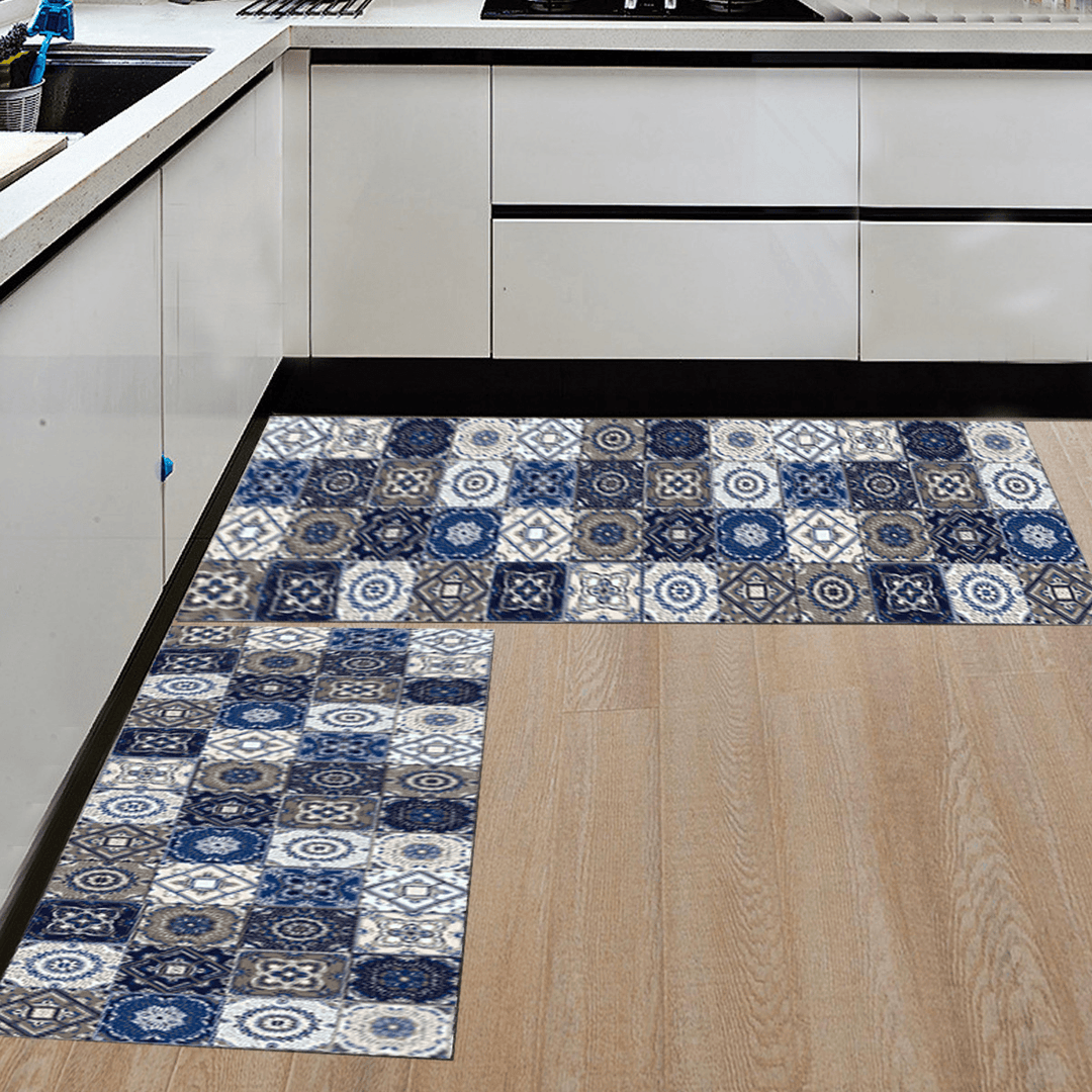 Bohemian Style Polyester Fiber Blue Floor Mat Slip Resistance Carpet Long Pad for Kitchen Living Room Bedroom Balcony - MRSLM
