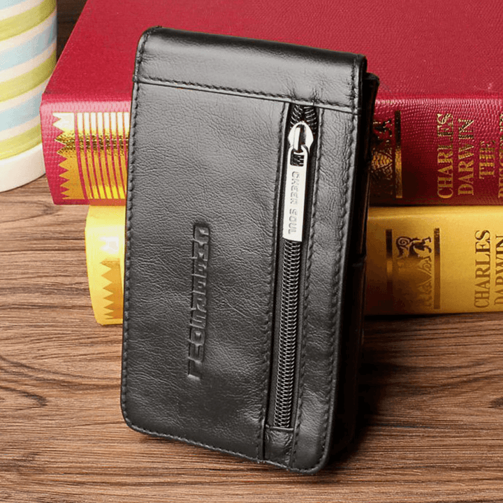 Men Retro Cowhide Waist Bag Retro Casual 5.5/6.3 Inch Phone Bag Front Zipper Pocket Belt Bag - MRSLM