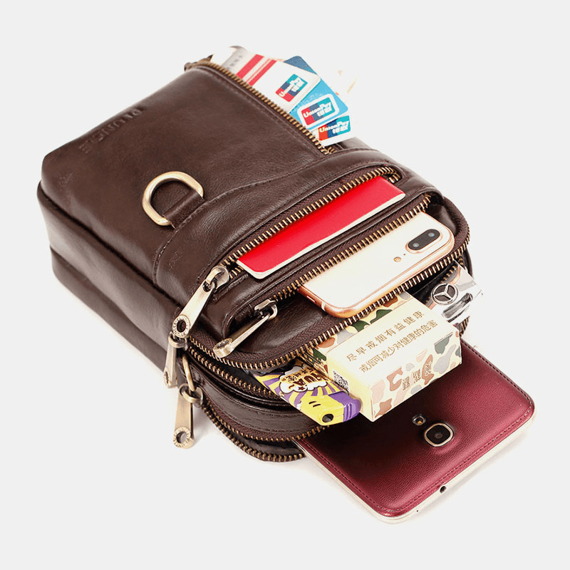 Men Genuine Leather Multifunction Multi-Carry 4 Card Slots Crossbody Bag Waist Bag - MRSLM