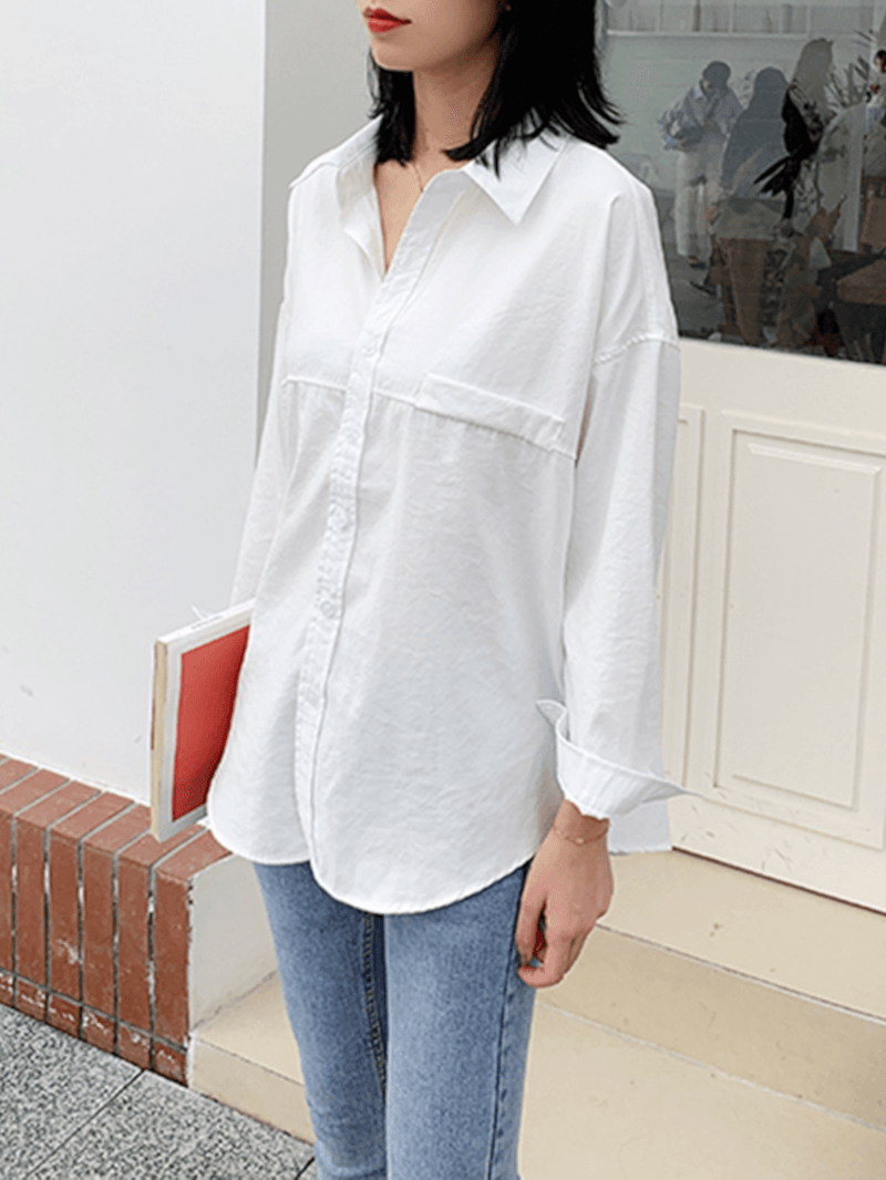 Solid Color Lapel Long Sleeve Plain Daily Casual Shirts for Women - MRSLM