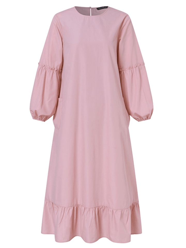 Women Ruffle Hem Trim Solid Color O-Neck Casual Elastic Cuff Shirt Maxi Dress with Pockets - MRSLM