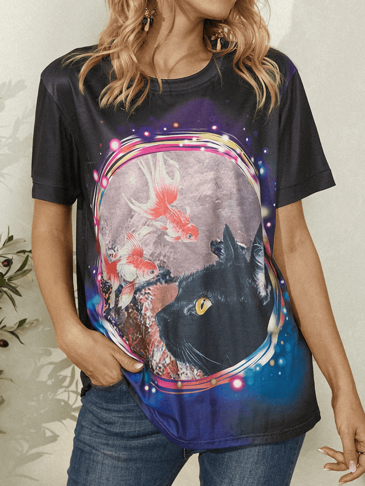 Fish Cat Print O-Neck Short Sleeve Casual T-Shirt for Women - MRSLM