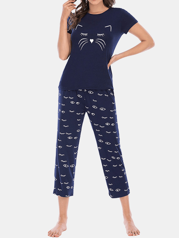 Plus Size Women Letter Eye Print Comfy Short Sleeve Pajama Sets - MRSLM