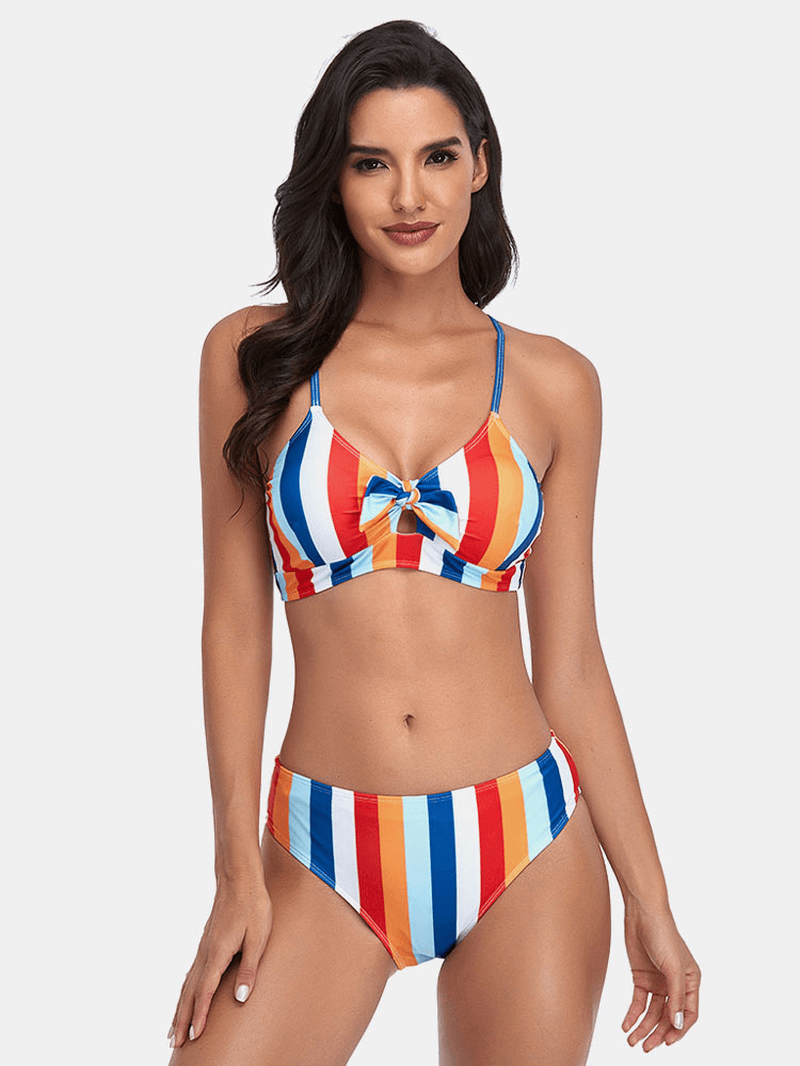 Women Stripe Print Spaghetti Straps Knotted Hawaii Bikini Swimsuit - MRSLM