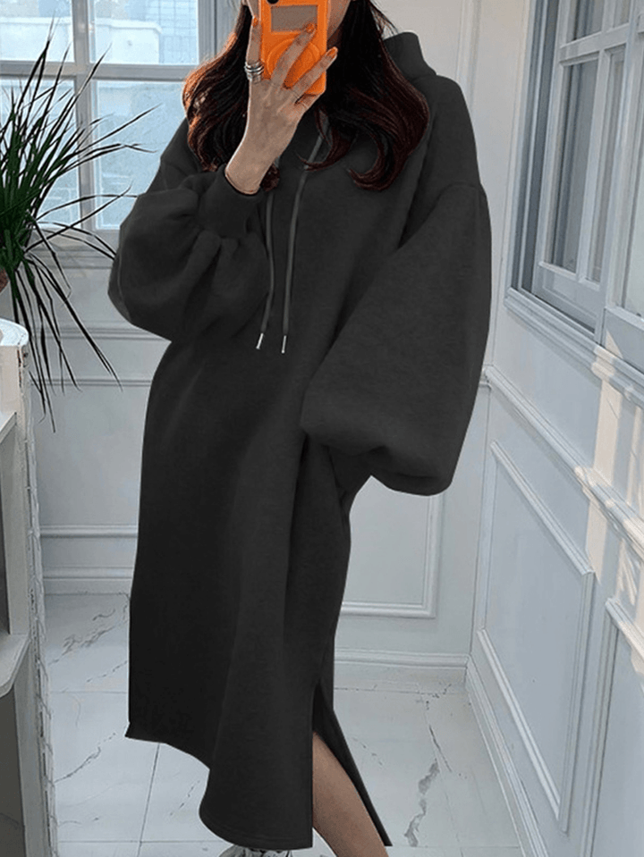 Women Puff Sleeve Solid Color Split Side Pockets Hooded Maxi Length Loose Drawstring Midi Dresses - MRSLM