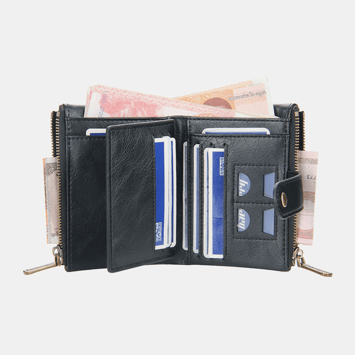 Men PU Leather Short Bifold Double Zipper Multi-Card Slot Card Holder Retro Coin Purse Money Clip Wallet - MRSLM