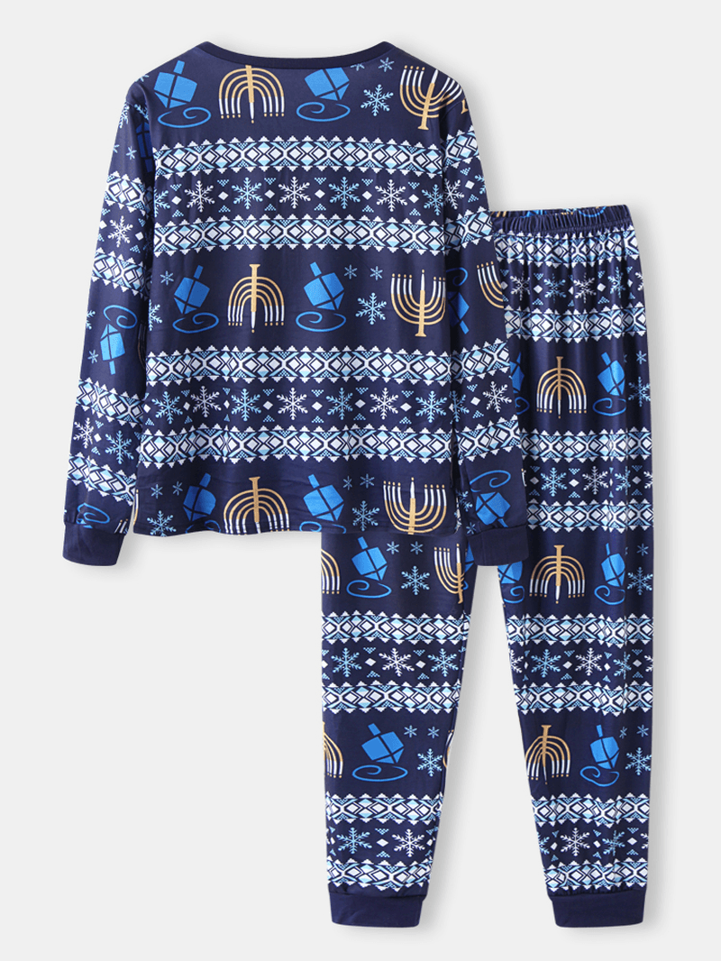 Women Christmas Style Print V-Neck Long Sleeve Pullover Loose Pants Two Piece Pajama Set - MRSLM