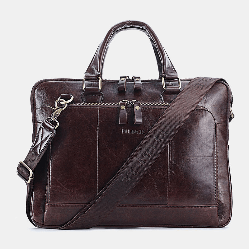 Men Genuine Leather Multi-Pocket Handbag Teacher Bag Retro Large Capacity 14 Inch Laptop Bag Crossbody Shoulder Bags - MRSLM