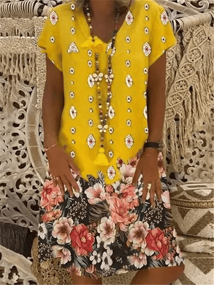 Women Vintage Flower Print V-Neck Short Sleeve Casual Loose Midi Dress - MRSLM