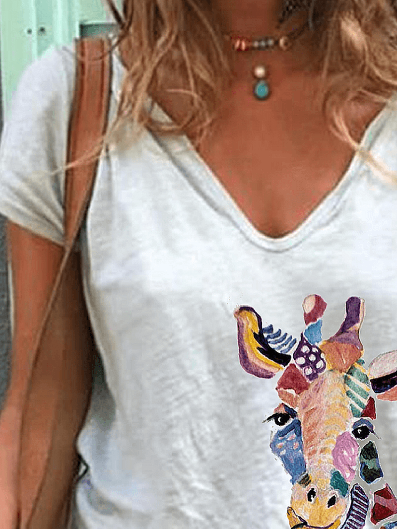 Cartoon Giraffe Animal Print V-Neck Short Sleeve Loose T-Shirts for Women - MRSLM