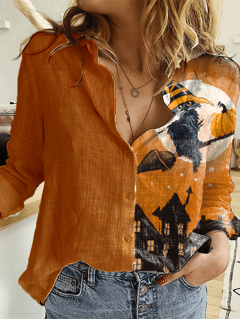 Halloween Printed Long Sleeve Turn-Down Collar Patchwork Shirts for Women - MRSLM