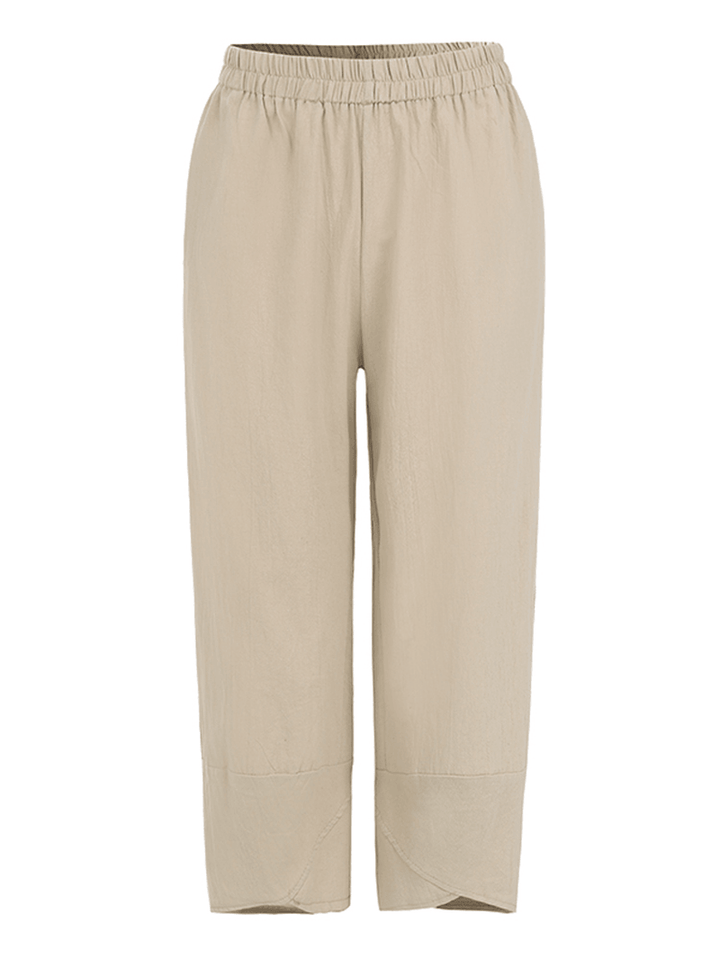 Women Solid Color Elastic Waist Loose Side Pocket Pants - MRSLM