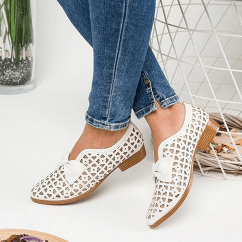 Plus Size Women Casual Butterfly Knot Hollow White Loafers - MRSLM