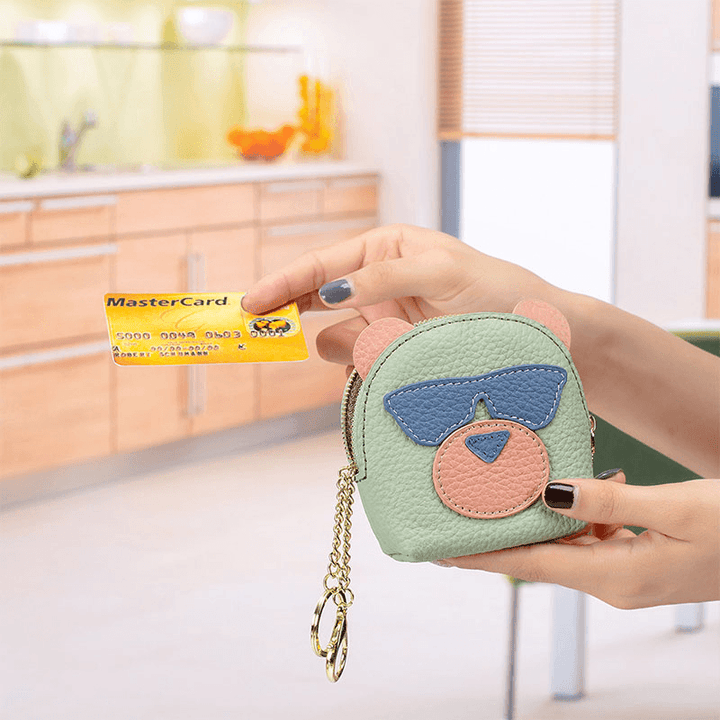 Women Genuine Leather Cute Bear Creative Mini Coin Bag Small Wallet for Card Key Mini Lipstick - MRSLM