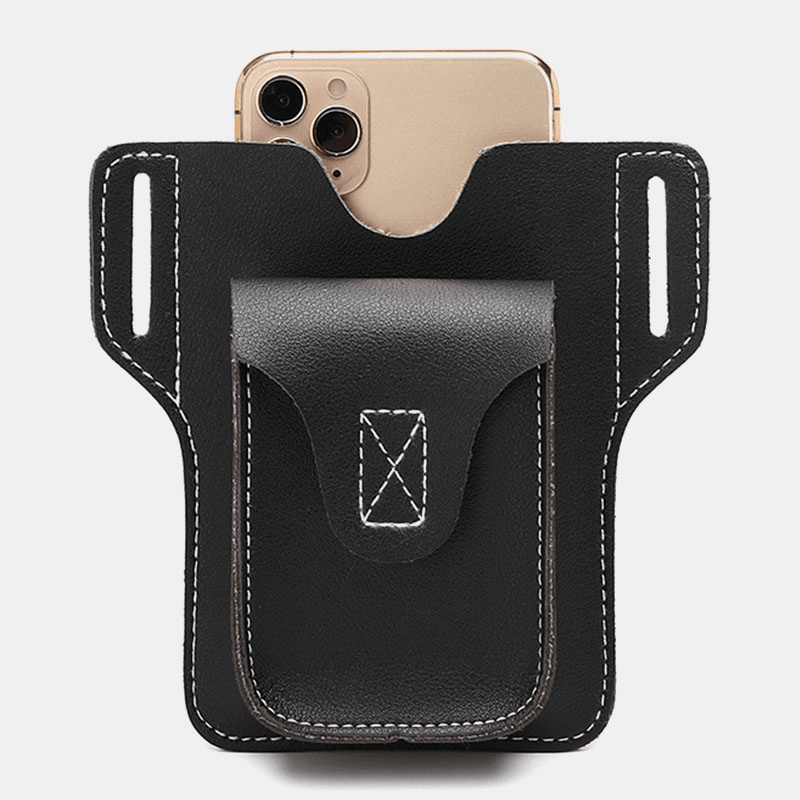 Men PU Leather Flap-Over Cigaret Box Waist Bag Casual 5.5 Inch Phone Bag Belt Bag - MRSLM
