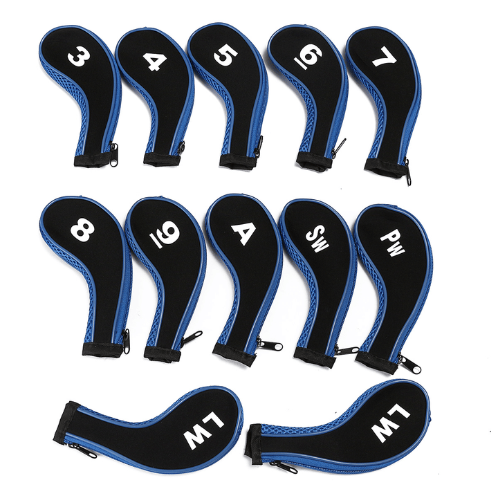 12Pcs/Set Golf Clubs Iron Head Covers Driver Professional Number Tag Headcovers Rubber Golf Long Neck Protector Case with Zipper Long Neck Blue - MRSLM