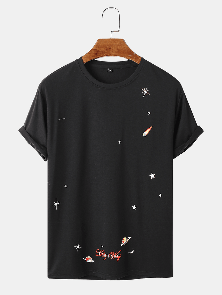 Mens Space Element Print O-Neck 100% Cotton Short Sleeve T-Shirt - MRSLM