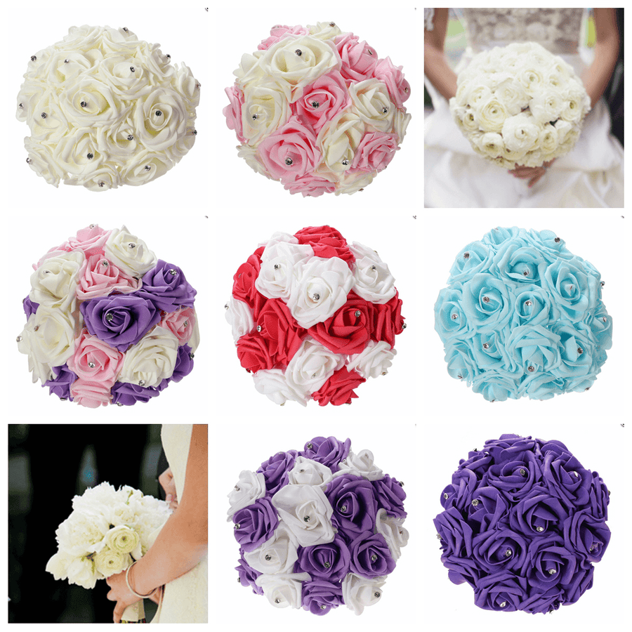 Crystal Artificial Foam Rose Flower Bridesmaid Bouquet Bridal Wedding Decorations - MRSLM