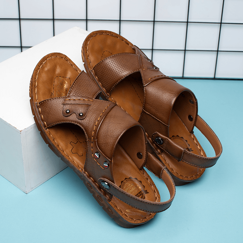 Men Cowhide Leather Opened Toe Non Slip Beach Casual Outdoor Sandals - MRSLM