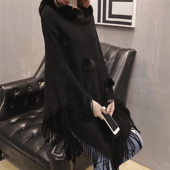 Loose Outer Wear Fur Collar Bat Shirt with Hand-Woven Tassels - MRSLM