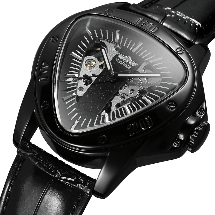 Luxury Vintage Men Automatic Watch Hollow Art Triangular Dial Waterproof Leather Strap Mechanical Watch - MRSLM