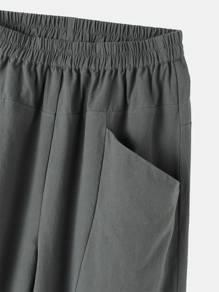 Pure Color Elastic Waist Pocket Plain Casual Cotton Women Harem Pants - MRSLM