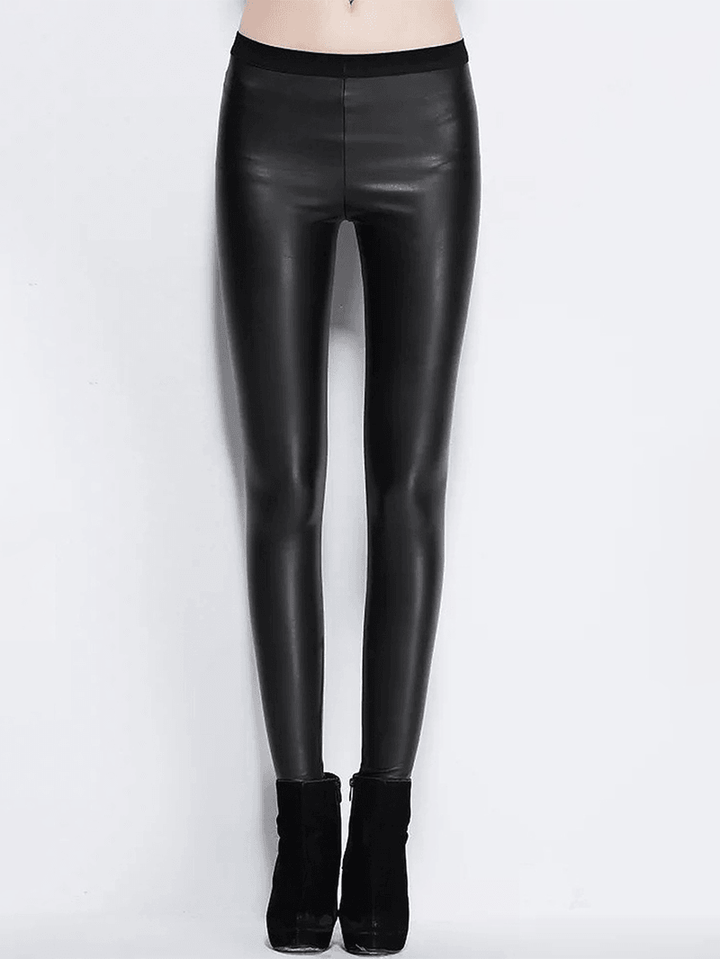 Women Solid Color Leather Bodycon Base Long Casual Leggings - MRSLM