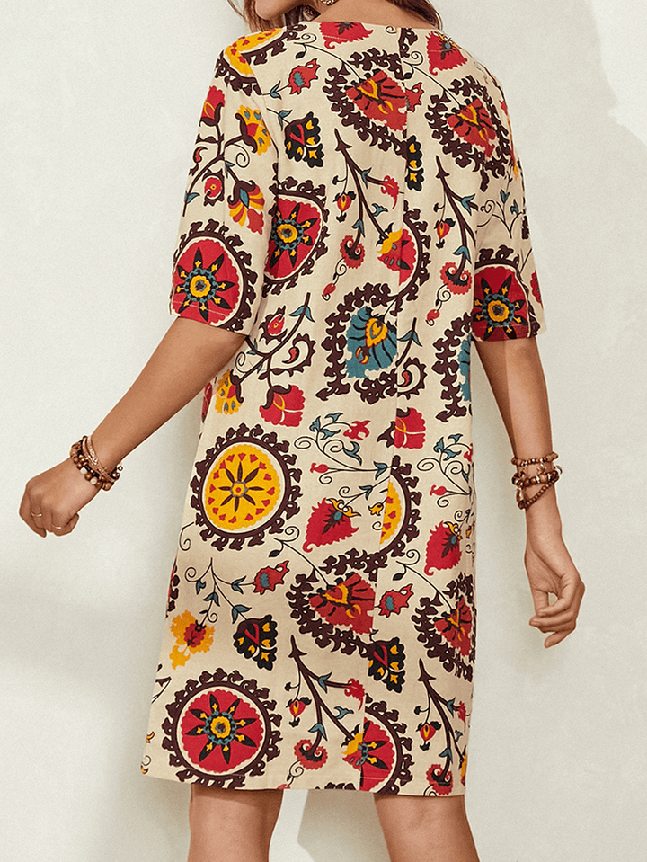 Ethnic Style Print round Neck Bohemia Casual Midi Dress for Women - MRSLM
