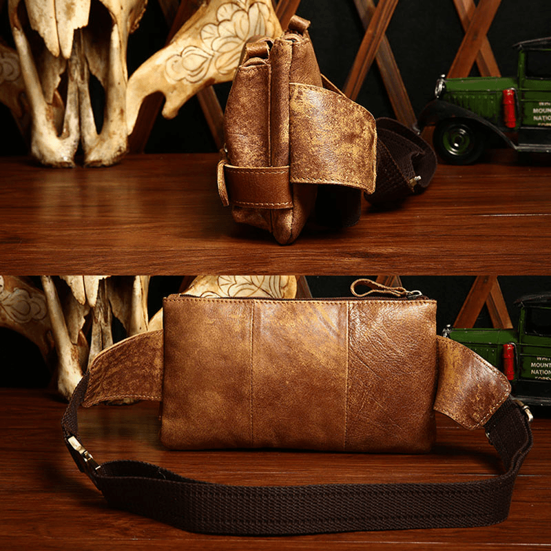 Men Genuine Leather Business Outdoor Retro Multi-Carry Leather 6.3 Inch Phone Bag Waist Bag Chest Bag - MRSLM