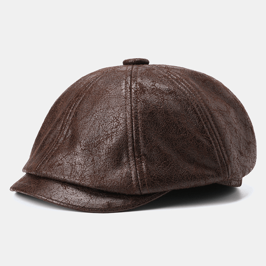 Men Cracked PU Leather Newsboy Hat Retro Beret Caps - MRSLM