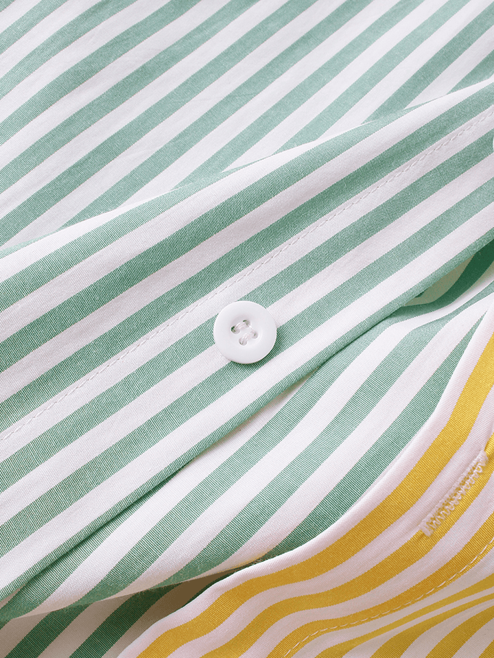 Mens Stripe Patchwork Chest Pocket Lapel Long Sleeve Cotton Shirts - MRSLM