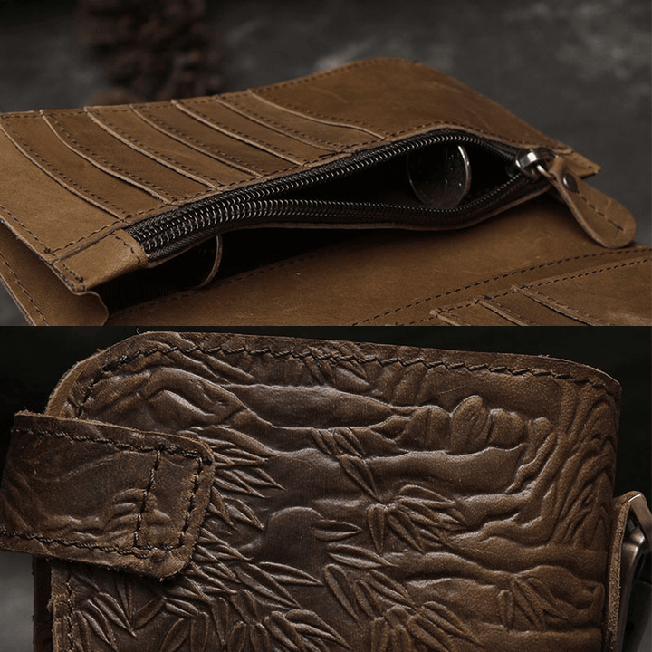 Men Genuine Leather 3D Dragon Tiger Pattern RFID Anti-Theft Retro Multi-Slot Card Holder Wallet with Key Ring - MRSLM
