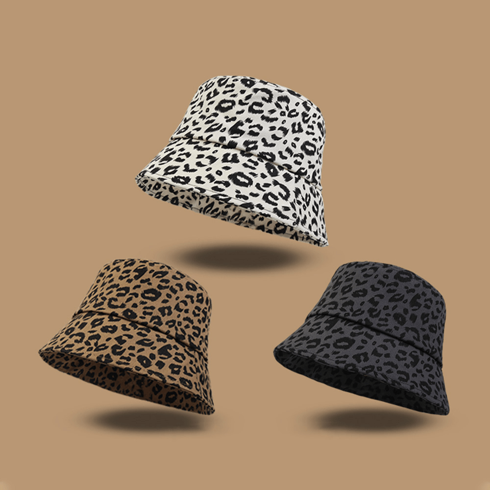 Women Cotton Leopard Pattern Print Fashion All-Match Sunscreen Bucket Hat - MRSLM