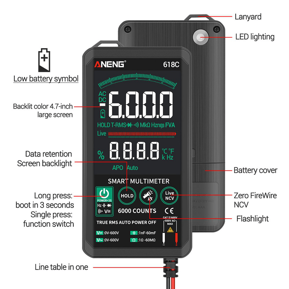 ANENG 618C Digital Multimeter Smart Touch DC Analog Bar True RMS Auto Tester Professional Capacitor NCV Testers Meter - MRSLM