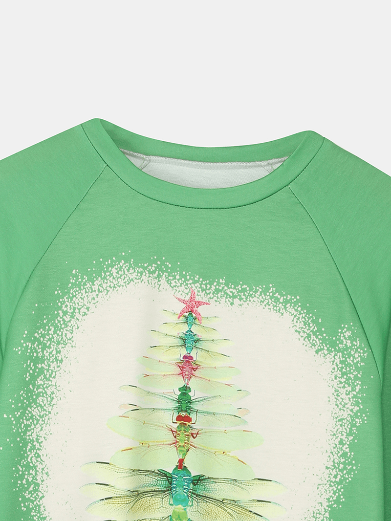 Women Christmas Dragonfly Tree Print Long Sleeve Casual T-Shirt - MRSLM