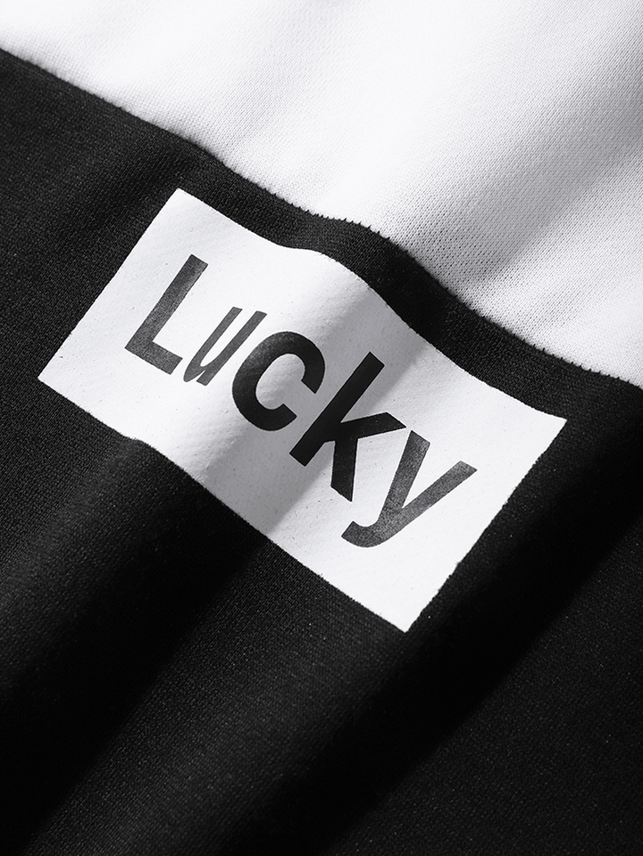 Men Lucky Letter Patchwork Pockets Drawstring Casual Hooded Sweatshirt - MRSLM