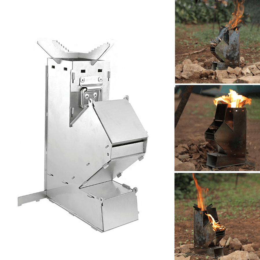Ipree® Stainless Steel Wood Stove Lightweight Folding Cooking Rocket Stove Outdoor Camping Picnic - MRSLM